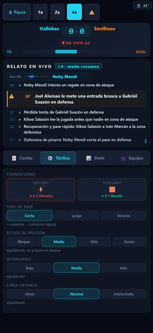 Pantalla de táctica con formación y presión