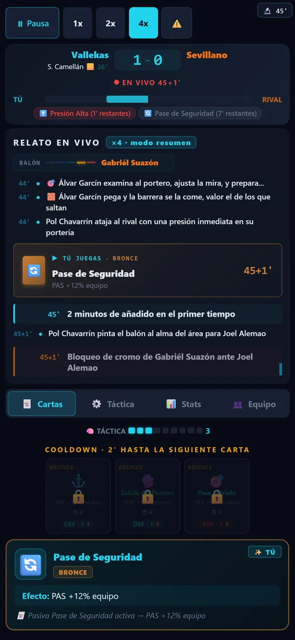 Pantalla de cartas tácticas en partido