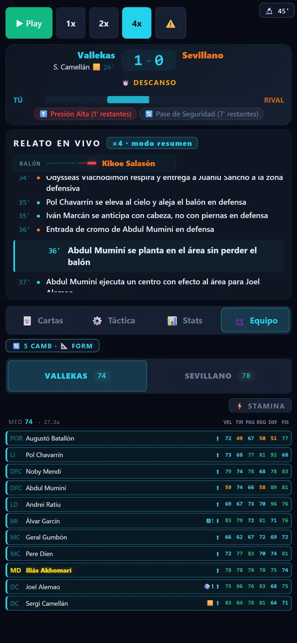 Pantalla del equipo con estadísticas y stamina